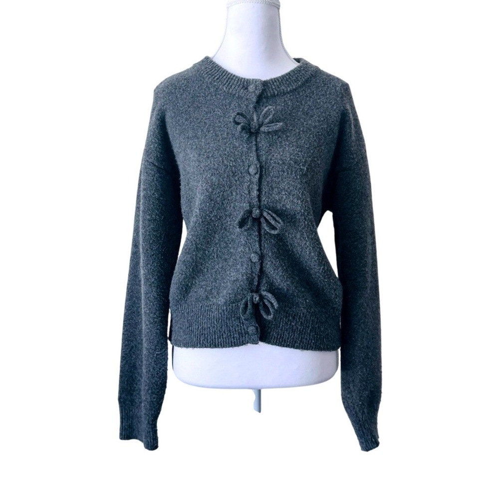 Grey Cardigan Sweater With Bow-Front Knit Top Cozy Comfy Fall‎ Commense Sz S